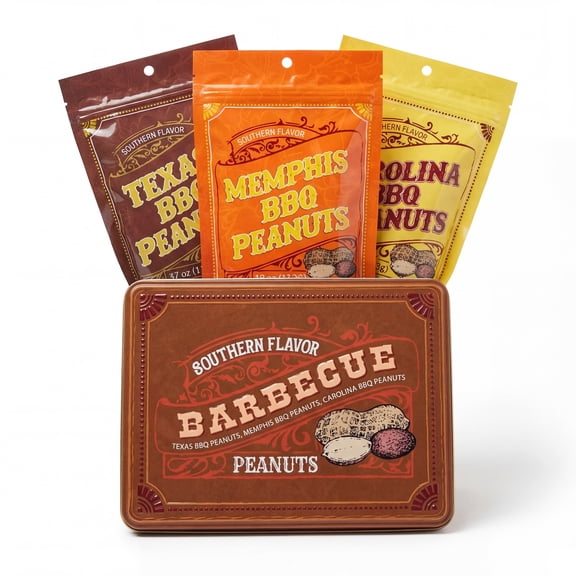 BBQ Peanuts, Food Gift Basket for Men in Tin Box, Unique Texas, Memphis, Carolina Barbeque Flavors, Birthday Gift for Men, Gourmet Nuts Mix, Healthy, Party Snacks, Beer Basket