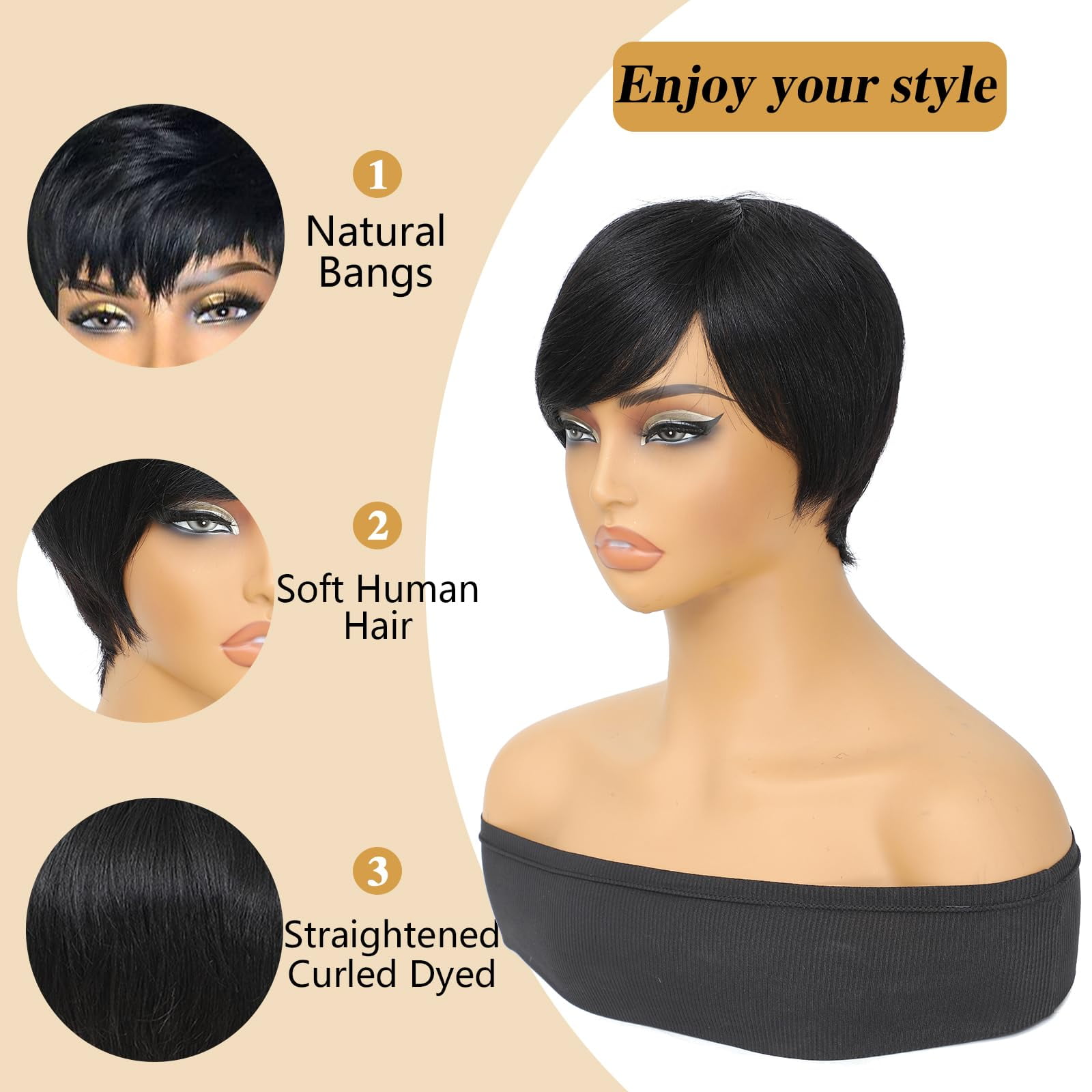 Pixie Cut Wig Human Hair Wear and Go Glueless Wigs Human Hair with Bangs Pixie Cut Wig for Women short wigs for women with BangsFull Machine Made 1B Color None Lace Front Wigs