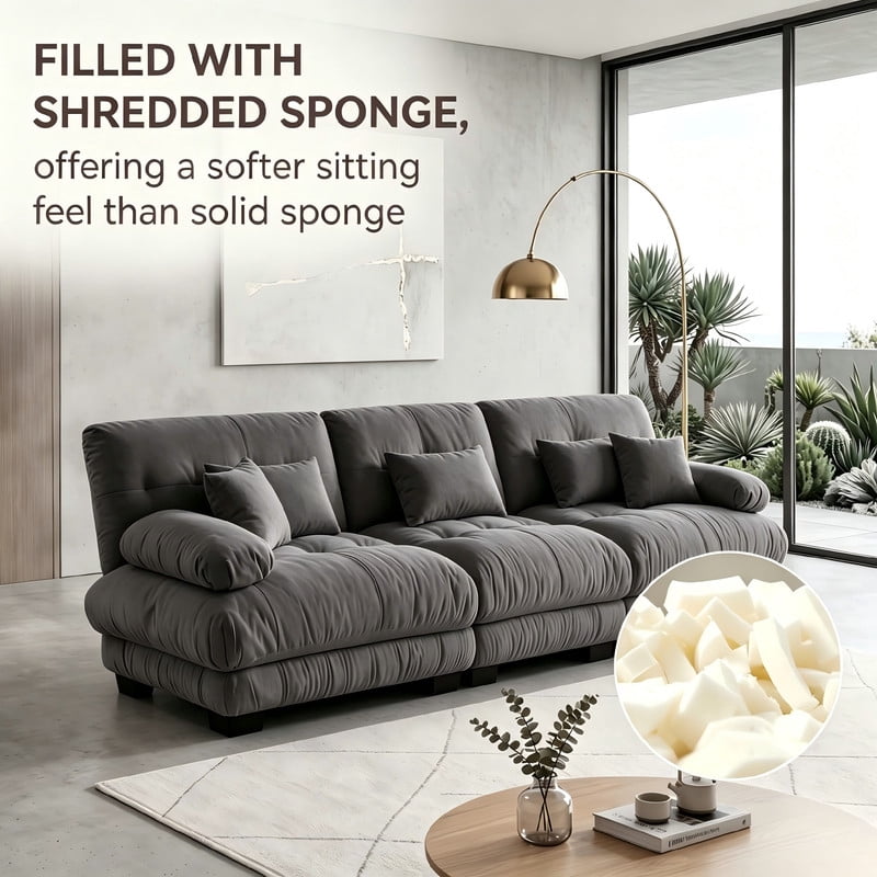 ANPPORT Cloud Couch Sleeper Sofa, Chenille Gray 3-Seater Modular Sofa, 3 Lumbar pillows, 2 Pillows, Comfy Deep Seat Cloud Sofa, Convertible L-Shaped Floor Couch for Living Room