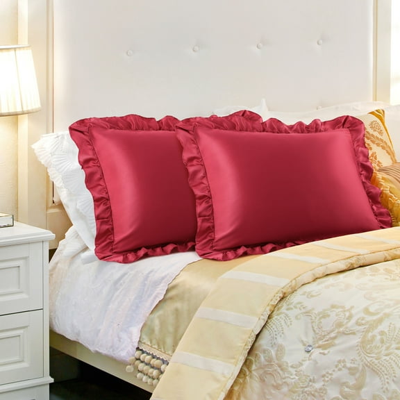PiccoCasa Satin Pillowcase Ruffled Pillow Shams Set of 2, Standard Burgundy
