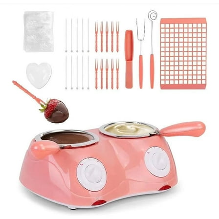 Chocolate Melting Pot Kit with Molds and Fork, Chocolate Melting Warming Double Pot, Mini Electric Fondue for Candy, Milk, Cheese, Butter Making (Pink)