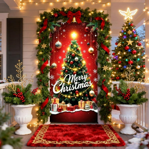 Hogar y cocina, Decoración del hogar, Decoración navideña, Cortina navideña para puerta de 35 x 72 pulgadas, Decoración navideña para puerta y pared, Decoración para festivales y fiestas, Cubierta de