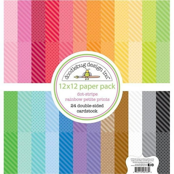 Doodlebug Petite Prints Double-Sided Cardstock 12"X12" 24/Pk-Dot-Stripe Rainbow, 24 Designs/1 Each