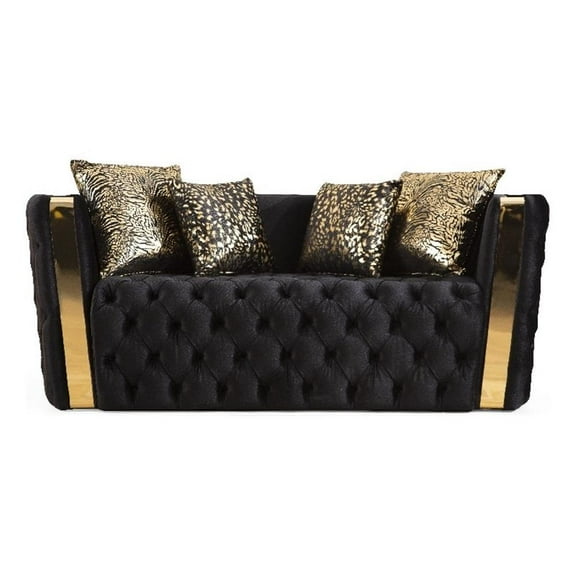 Naomi Button Tufted Loveseat with Velvet Fabric and Gold Accent in Black