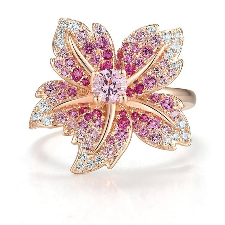 Santuzza 925 Sterling Silver Lily Ring Created Pink Sapphire Cubic