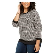 TOMMY HILFIGER Womens Black Houndstooth Long Sleeve Crew Neck Top Plus Size: 3X