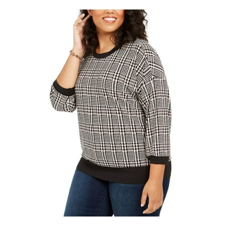 TOMMY HILFIGER Womens Black Houndstooth Long Sleeve Crew Neck Top Plus Size: 3X