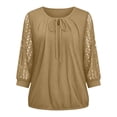 thumbnail image 7 of ClodeEU Women's Lace Patchwork 3/4 Sleeve Crewneck Top ,Solid Color Casual Spring Summer Blouse Khaki,Women's Plus M, 7 of 7