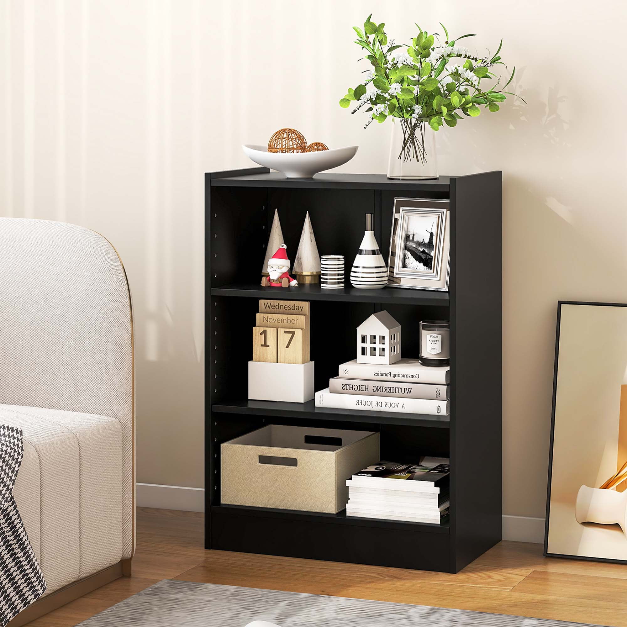 Costway 3-Tier Bookcase Open Multipurpose Display Rack Cabinet with Adjustable Shelves Black