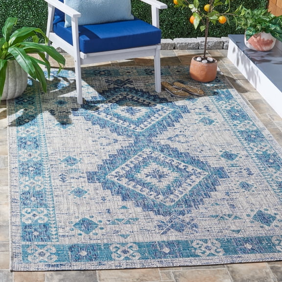 SAFAVIEH Courtyard Davin Aztec Indoor/Outdoor Area Rug, 9' x 12', Light Grey/Blue