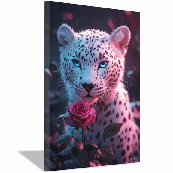 Mudket Framed White Leopard with Pink Rose Canvas Wall Art, Cute Floral Cheetah Print Wall Decor, Trendy Art Ready to Hang for Girls Bedroom - 12"L x 8"W