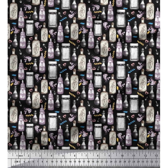Soimoi Japan Crepe Satin Fabric Clove & Vintage Bottle Printed Craft Fabric by The Yard 42 Inch Wide