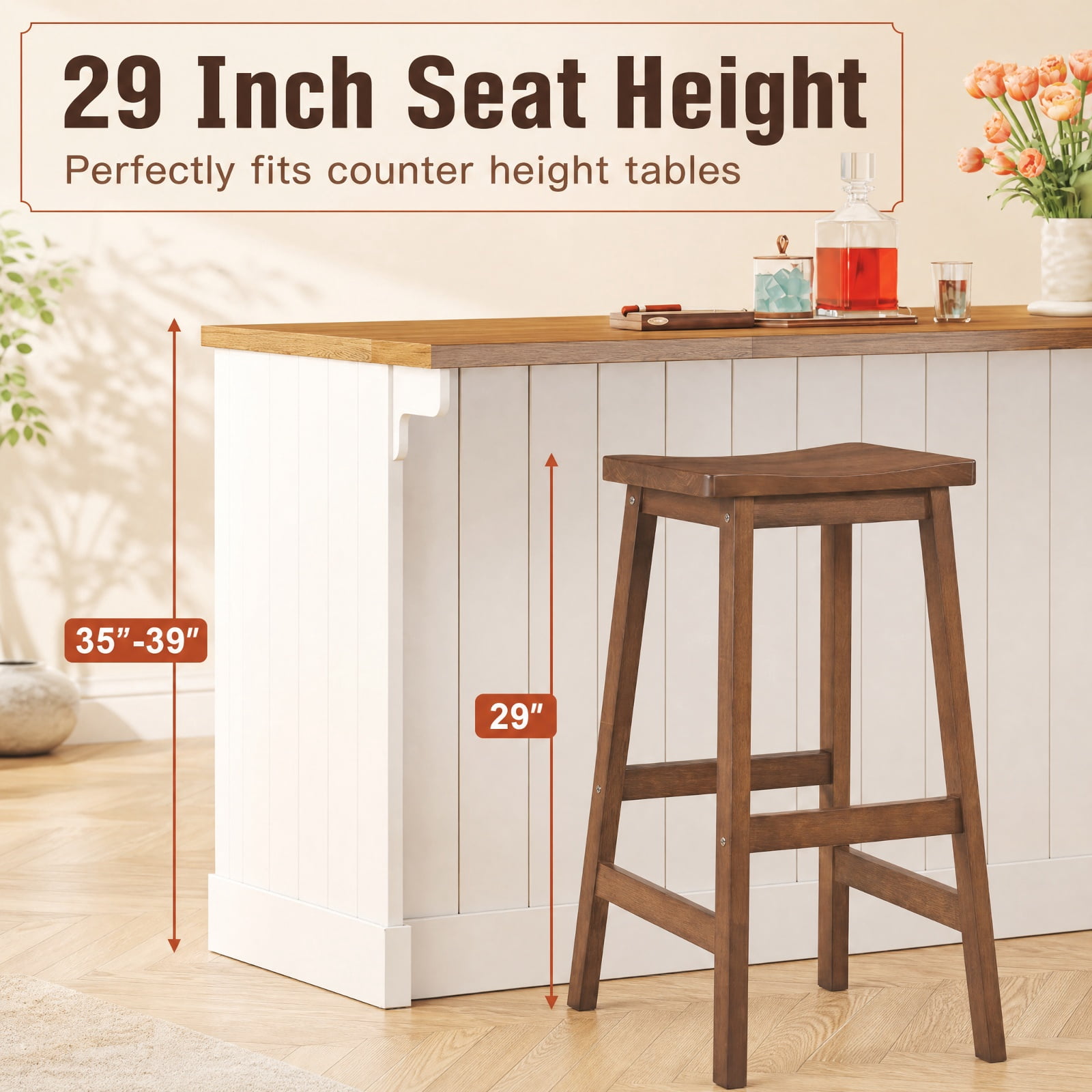 Furnibear 29" Set of 2 Saddle-Seat Counter Height Stools with Curved Seat and Footrests for Kitchen Island Counter Bar Pub Dining Home, Walnut