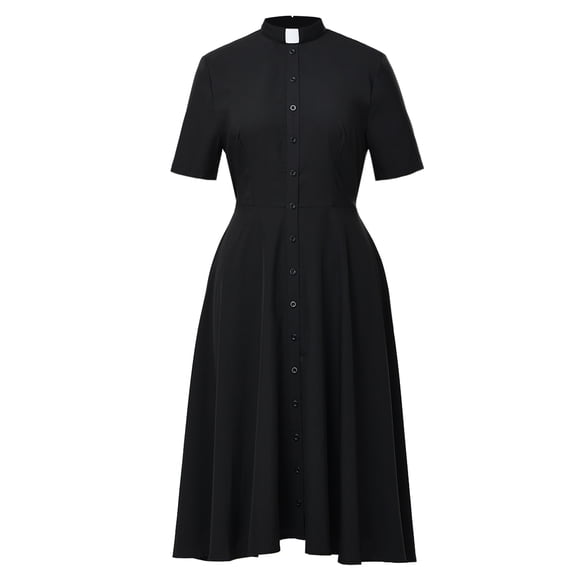 Afinprain Women's Clergy Dress Short Sleeve A-Line Shirt Dress with Tab Collar