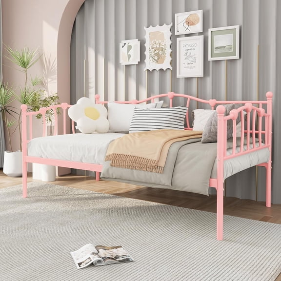 Twin Size Daybed, Sofa Bed Frame with Heart-Shaped Decoration and Steel Slat Support, Space-Saving, No Box Spring Needed, for Apartment