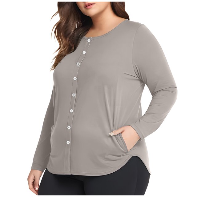 Plebaso Hauts Grande Taille pour Femmes Manches Longues Col Rond T-Shirts Blouses Décontractées avec Poches