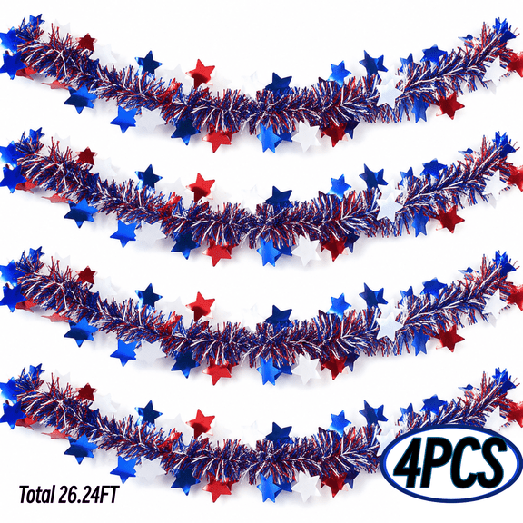 Kabuer 4th of July Patriotic Hanging Tinsel Garland Red White Blue Hanging Decoration for Independence Day Patriotic Party Total  26.2.4ft