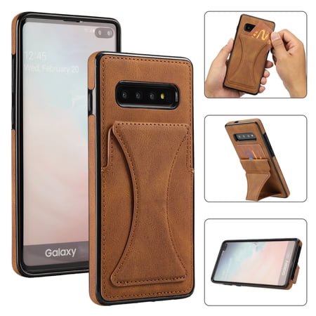 TOP SHE Case for Samsung Galaxy S10 (SM-G973) Cell Phone (6.1 Inch) - Synthetic Leather Protective Case with Card Slot / Kickstand, Slim Fit Lightweight Simple Fashion Cover (Brown)