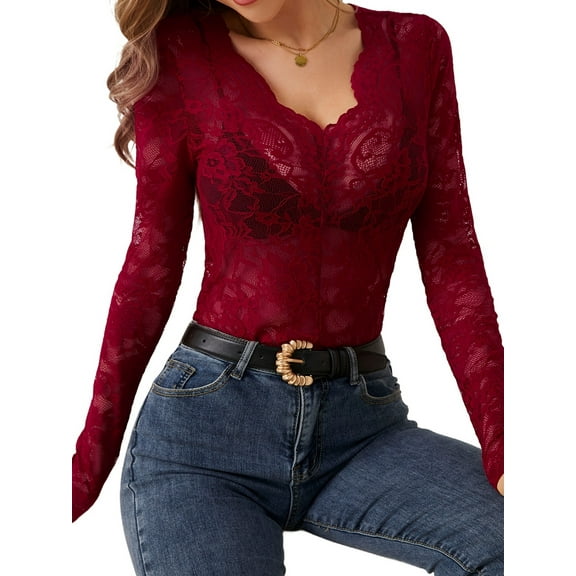 Lace Mesh Top for Women Long Sleeve V-Neck Sheer Blouse See Through Floral Lace Tops Red XXL