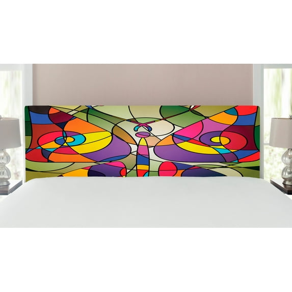 Butterflies Headboard, Butterfly Wings Consisting of Twisted Lines Modern Abstract Design, Upholstered Decorative Metal Bed Headboard with Memory Foam, King Size, Multicolor, by Ambesonne