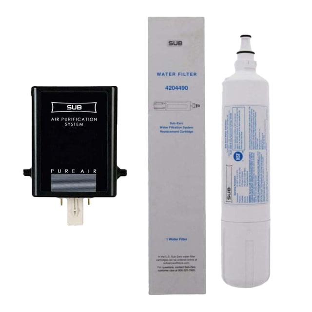 para el kit de filtro de aire para refrigerador sub-zero 4204490 + 7007067 kit de núcleos con módulo negro de purificación de aire SUB y cartucho blanco de filtro de agua 4204490 junto a su caja vertical gris; frontal, adecuado también para almacenaje de repuestos pequeños en despensa.