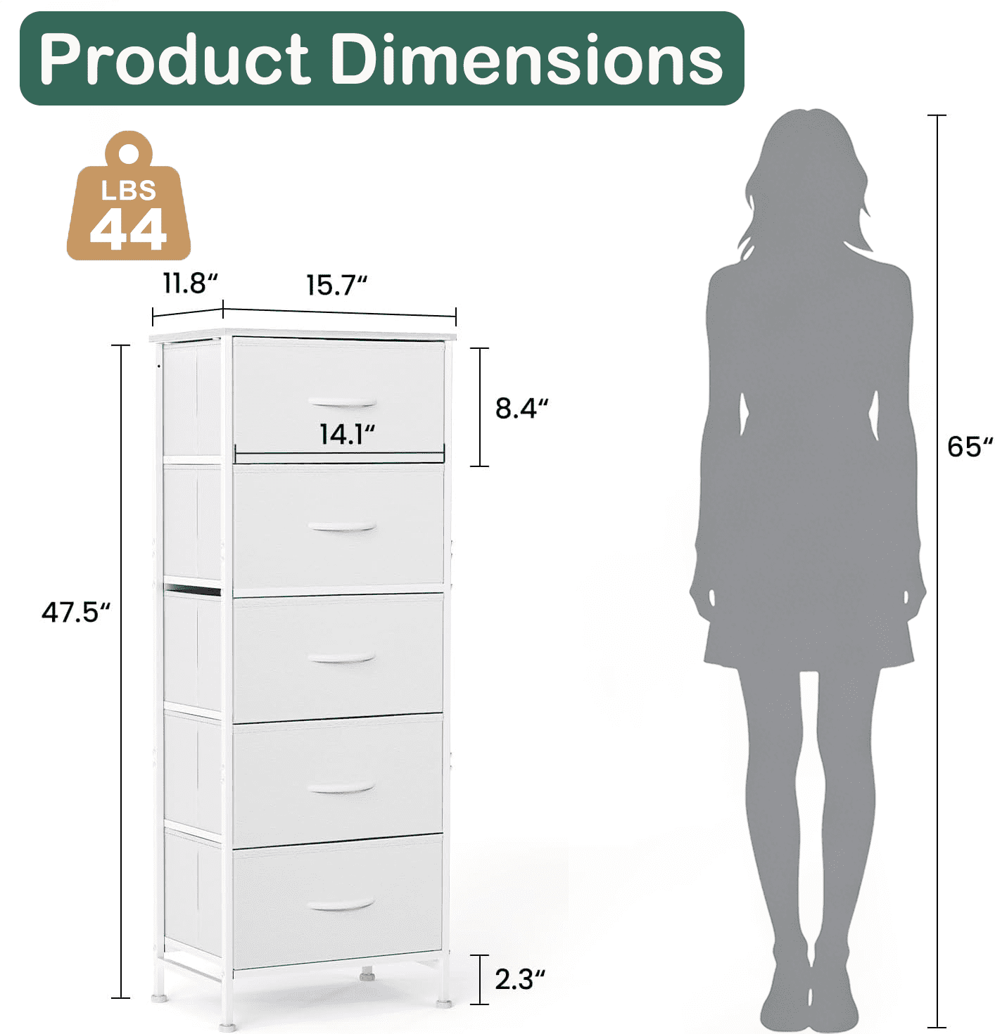 Aidoly 5-Tier Fabric Drawer Storage Organizer with Solid Surface Top - Multi-Functional Bedside & Room Organizer, White