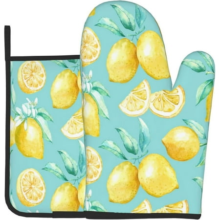 

Sunyuer Yellow Lemon on Teal Printed Oven Mitts and Pot Holders 2 Pcs Sets Heat Resistant Oven Gloves Potholder for Kitchen Cooking Baking Decoration