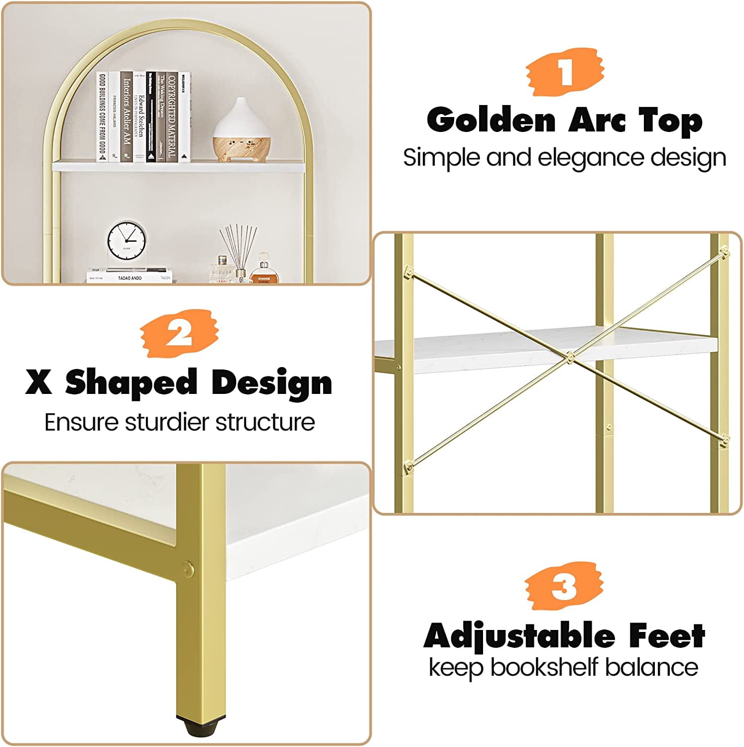 IdealHouse Arched 5-Tier Bookshelf, Modern Bookcase with Gold Metal Frame, Tall Wood Storage Shelf for Living Room, Bedroom, Home Office, Easy Assembly, White