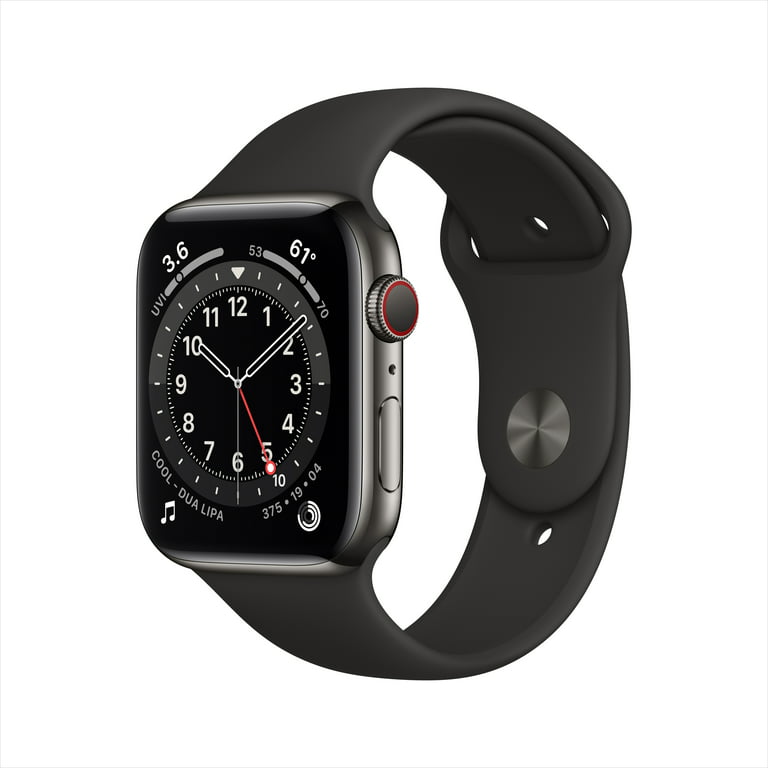 Apple Watch Series 6 GPS + Cellular, 44mm Graphite Stainless Steel Case  with Black Sport Band - Regular