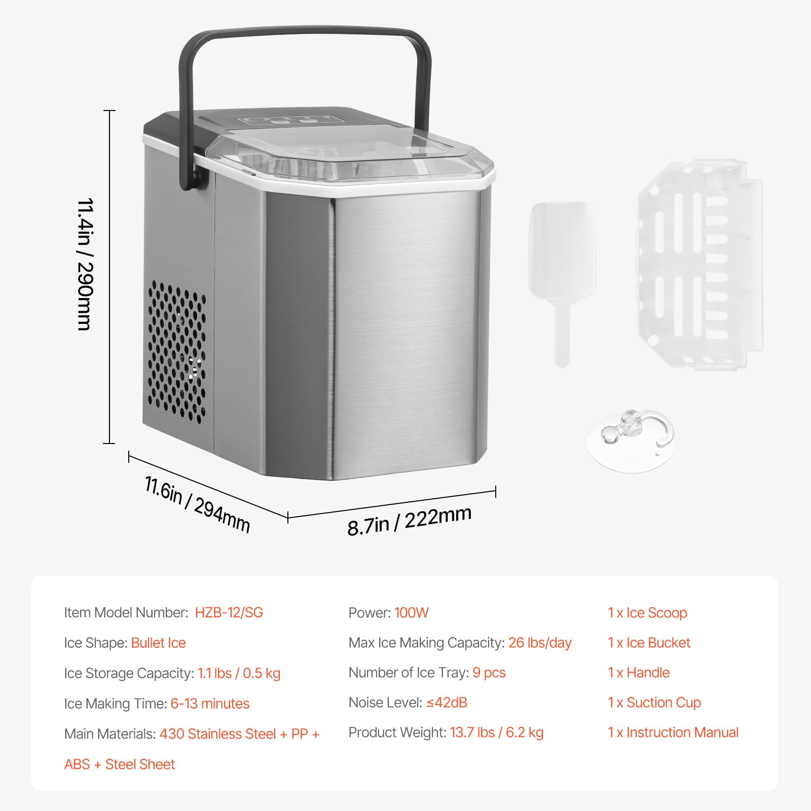 KFFKFF Countertop Ice Maker Portable Ice Maker Self-Cleaning Portable Ice Maker 26 lbs/24 H with Ice Scoop & Drip Tray with 2 Sizes Bullet Ice