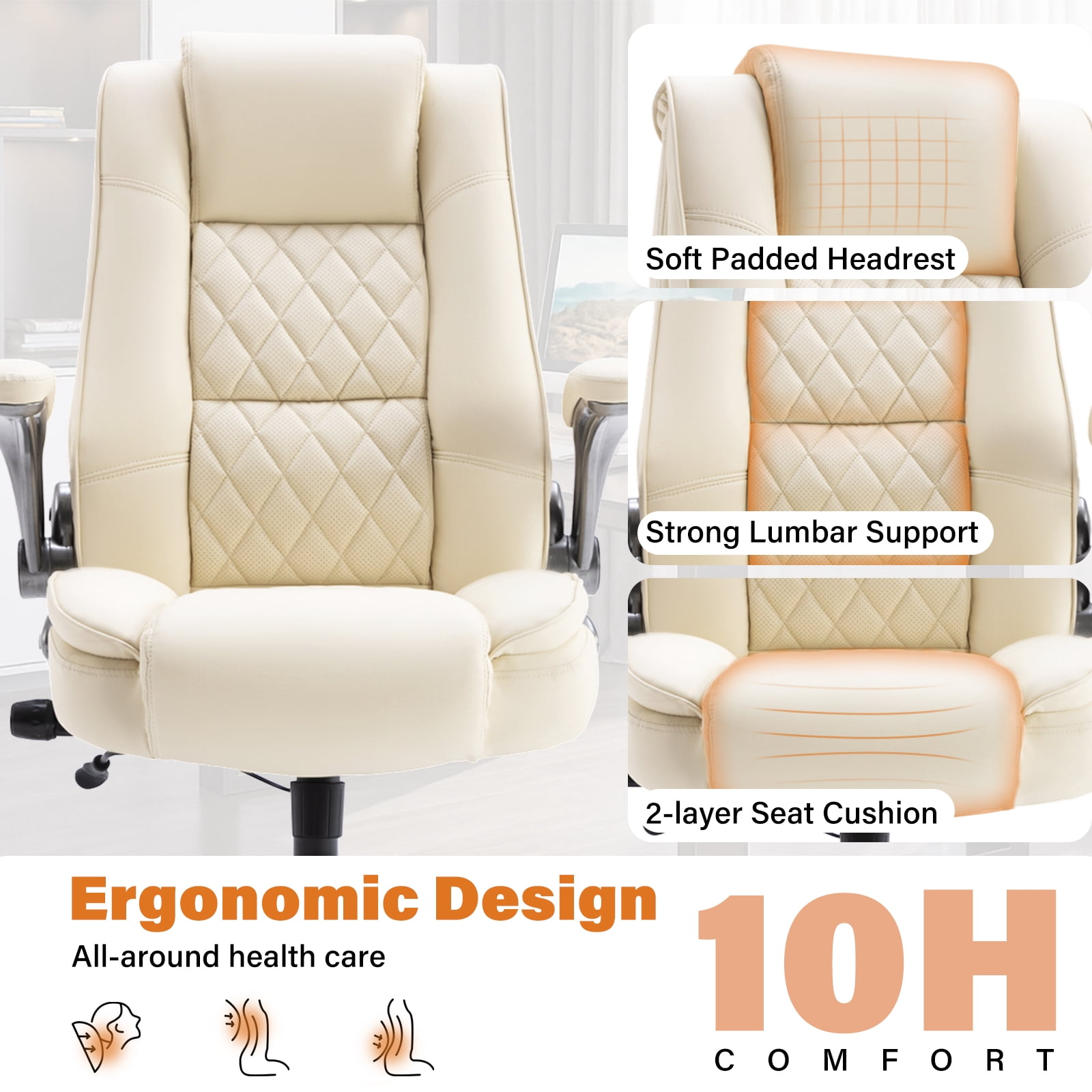 High Back Office Chair with Lumbar Support, Large Upholstered Executive Desk Chair, Faux Leather Computer Chair with Flip-up Arms, Rubber Wheels