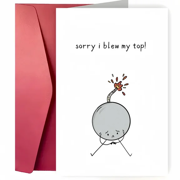 Sorry I Blew My Top! Funny Apology Card – Humorous Cartoon Bomb Design – Perfect for Friends, Family, and Coworkers – Includes Envelope, Blank Inside