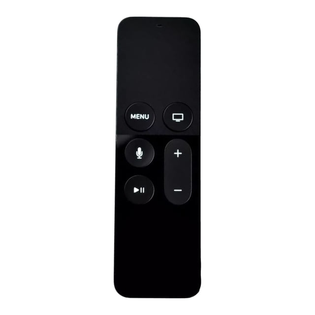 control remoto siri universal para apple tv 4k hd con funda incluida vista frontal centrada de un Siri Remote negro, silueta delgada con superficie touch en la mitad superior y botones visibles: Menu, icono de pantalla, micrófono, play/pausa y columna vertical de volumen (+/–); compatible con Apple TV 4K y Apple TV HD según especificaciones, y a menudo usado también para controlar apps de streaming desde un mueble de entretenimiento.