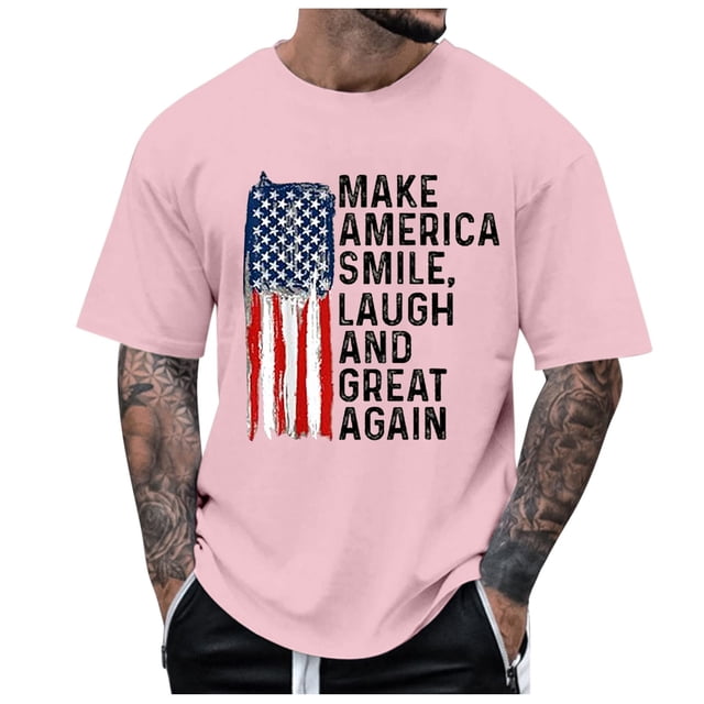 T-Shirt Homme Drapeau Imprimé Grande Amérique Encore, Col Rond, Manches Courtes, Décontracté, Rose m