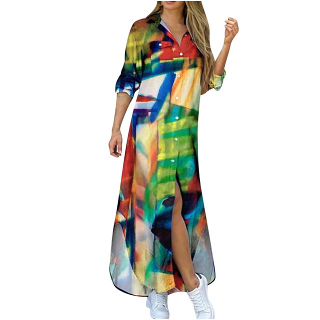 Vestido largo dividido de camisa de manga larga de un solo pecho con botón estampado de solapa informal para mujer Pompotops hdfakjf2535