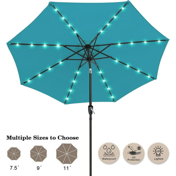ABCCANOPY 10.5ft Patio Solar Umbrella LED Outdoor Umbrella with Tilt and Crank, Turquoise