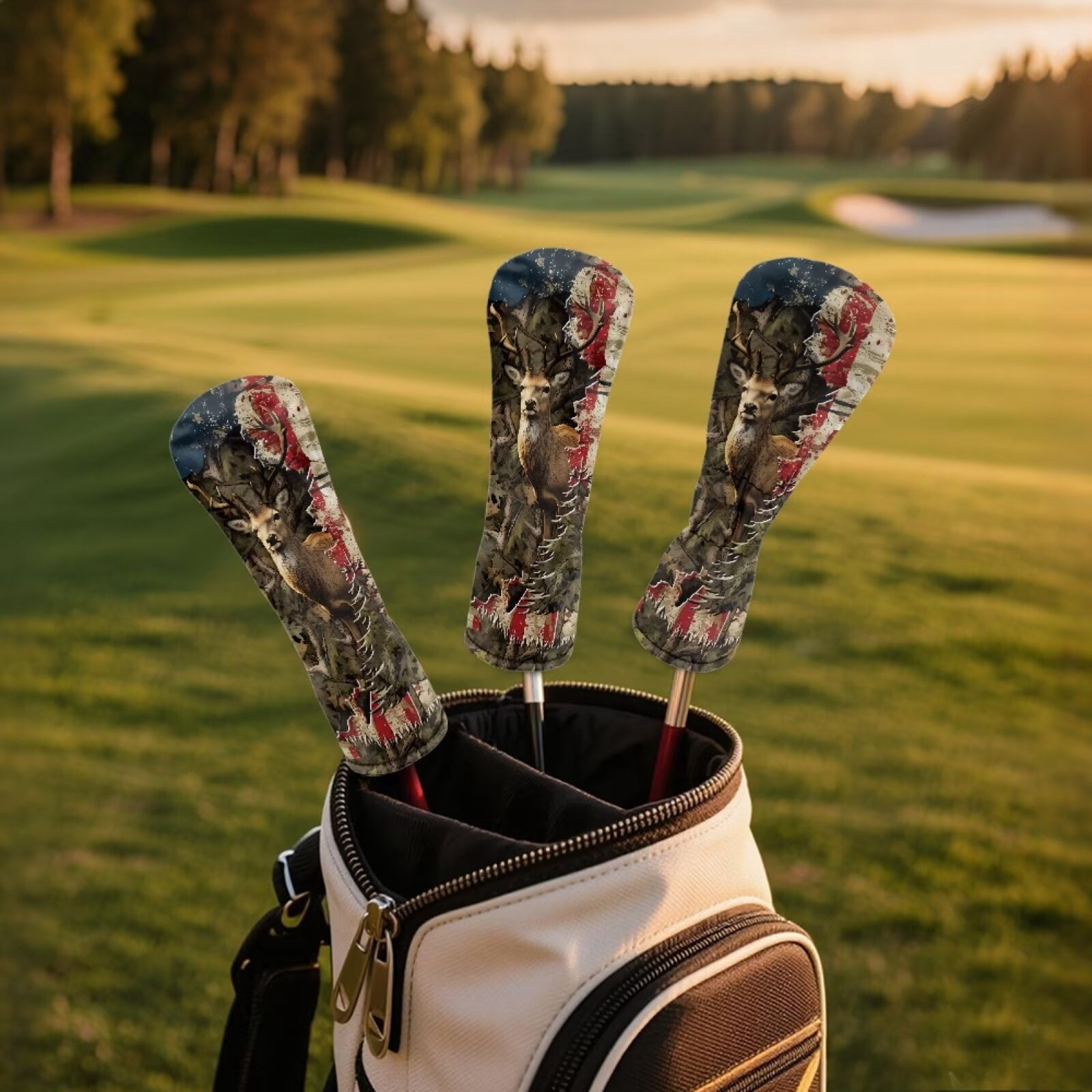 Uorisanigo Golf Club Head Covers - Driver, Fairway #3#5, Hybrid Headgear, Premium Headcovers Set Fit Most Clubs, PU Leather Camo American Flag Deer Hunter Headcovers, Golf Accessories