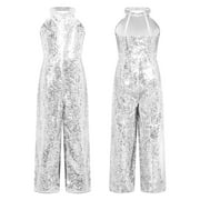 Eandarui Kids Girls Halter Neck Sequins Birthday Party Romper Sleeveless Jazz Latin Dancewear Silver 12