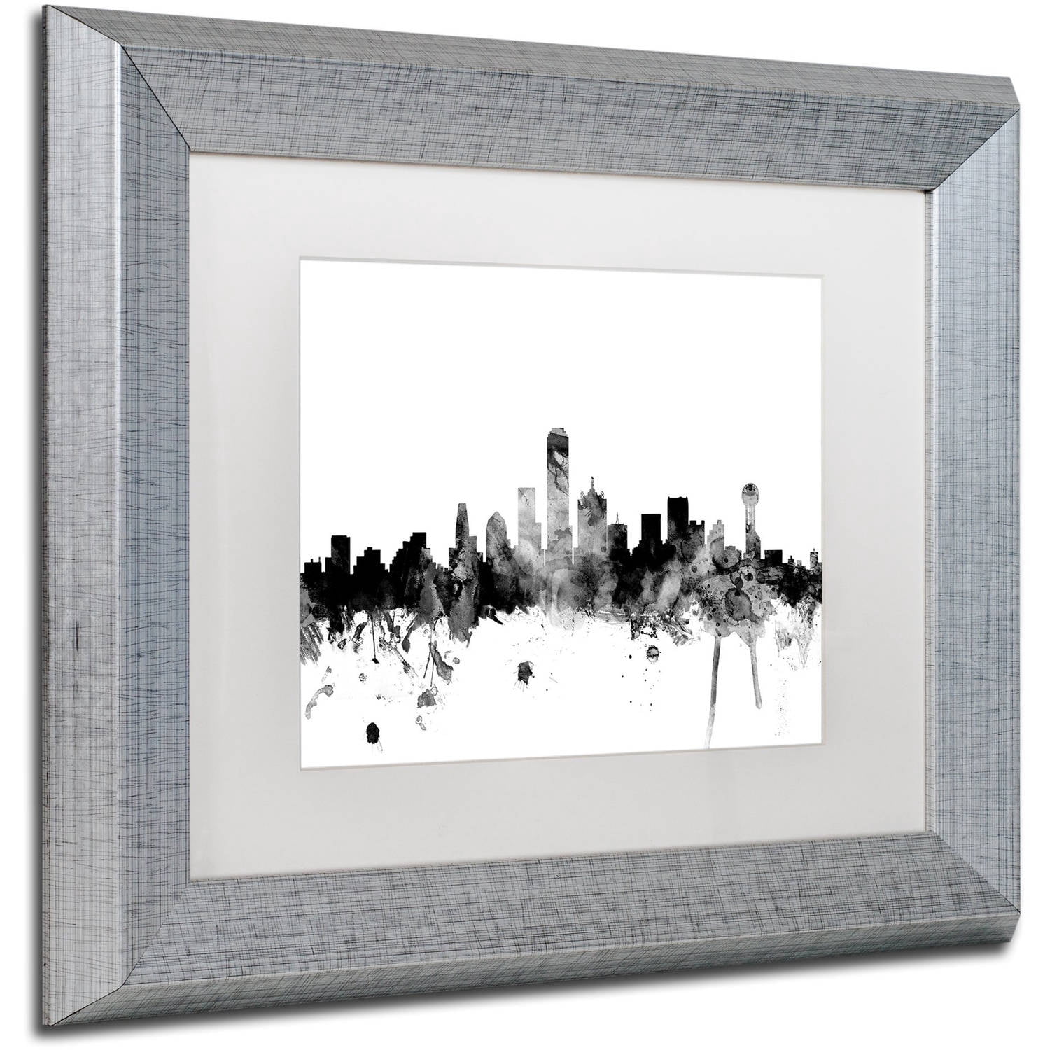 Trademark Fine Art "Dallas Texas Skyline B&W" Canvas Art by Michael Tompsett, White Matte, Silver Frame