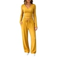 thumbnail image 2 of Women's Matching Set V-Neck Pleated Long Sleeve Lounge Sets for Women Tops and Wide Leg Pants 09 L, 2 of 7