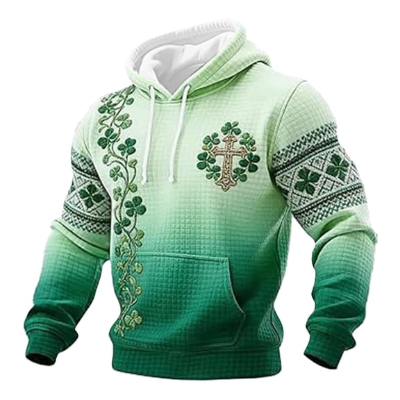 XIAONU Mens St Patrick's Day Celtic Cross Clover Graphic Hoodie Gradient Waffle Knit Embroidered Pullover Warm Casual Festival Wear Sweatshirt