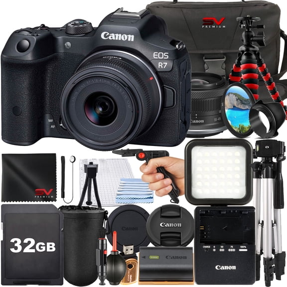 Canon EOS R7 Mirrorless Camera with RF-S 18-45mm Lens   SanDisk 32GB Memory Card   Case   Tripod   SV Premium Accessory Bundle (International Version)