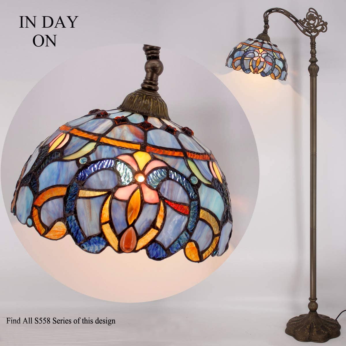 Tiffany Floor Lamp 64" Tall Industrial Pole Vintage Boho Stained Glass Standing Corner Bright Reading LED Light Arched Rustic Gooseneck Adjustable Living Room Kids Bedroom Farmhouse Office WERFACTORY