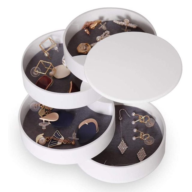 Organizador de joyas, joyero pequeño para mujer, soporte para pendientes, organizador de joyas, bandeja organizadora de accesorios de joyería giratoria de 4 niveles con tapa para pulseras de anillos