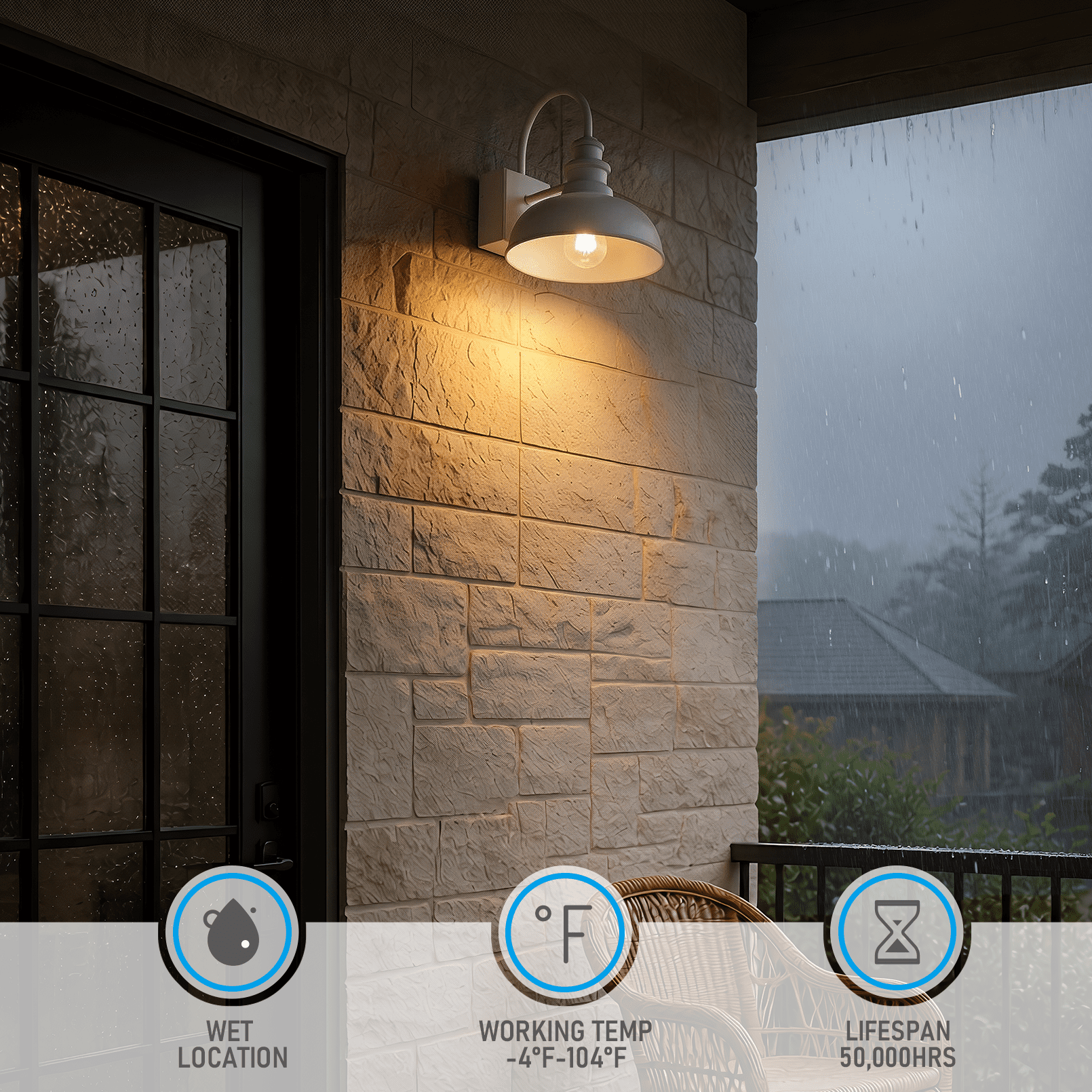 2 Pack Gooseneck Barn Light with GFCI Outlet, Outdoor E26 Base Dusk to Dawn Floodlight, Farmhouse Wall Lantern, White