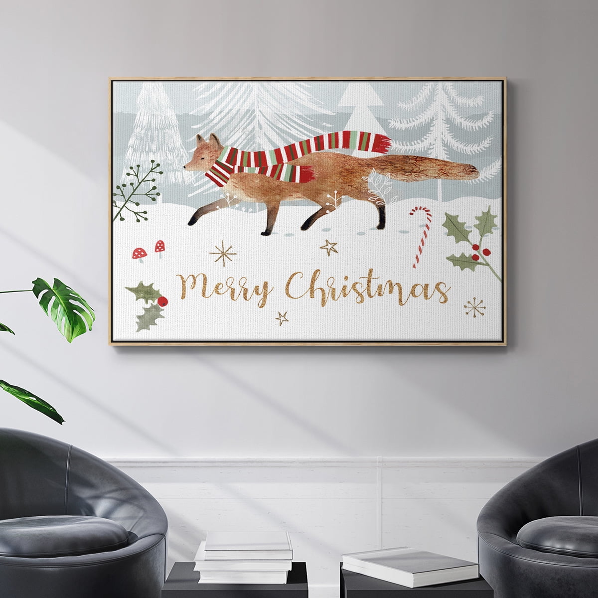 Woodland Christmas Collection A - Framed Gallery Wrapped Holiday Canvas - 25 x 37 - Natural Wood Frame