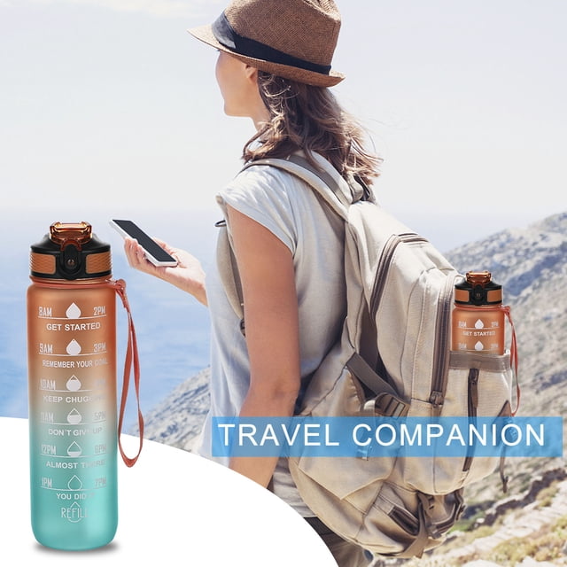 Botella de agua motivacional con marcador de 940 ml, apertura de expulsión fácil de apretar, libre de BPA, boca ancha a prueba de fugas y flujo rápido de agua para deportes al aire libre.