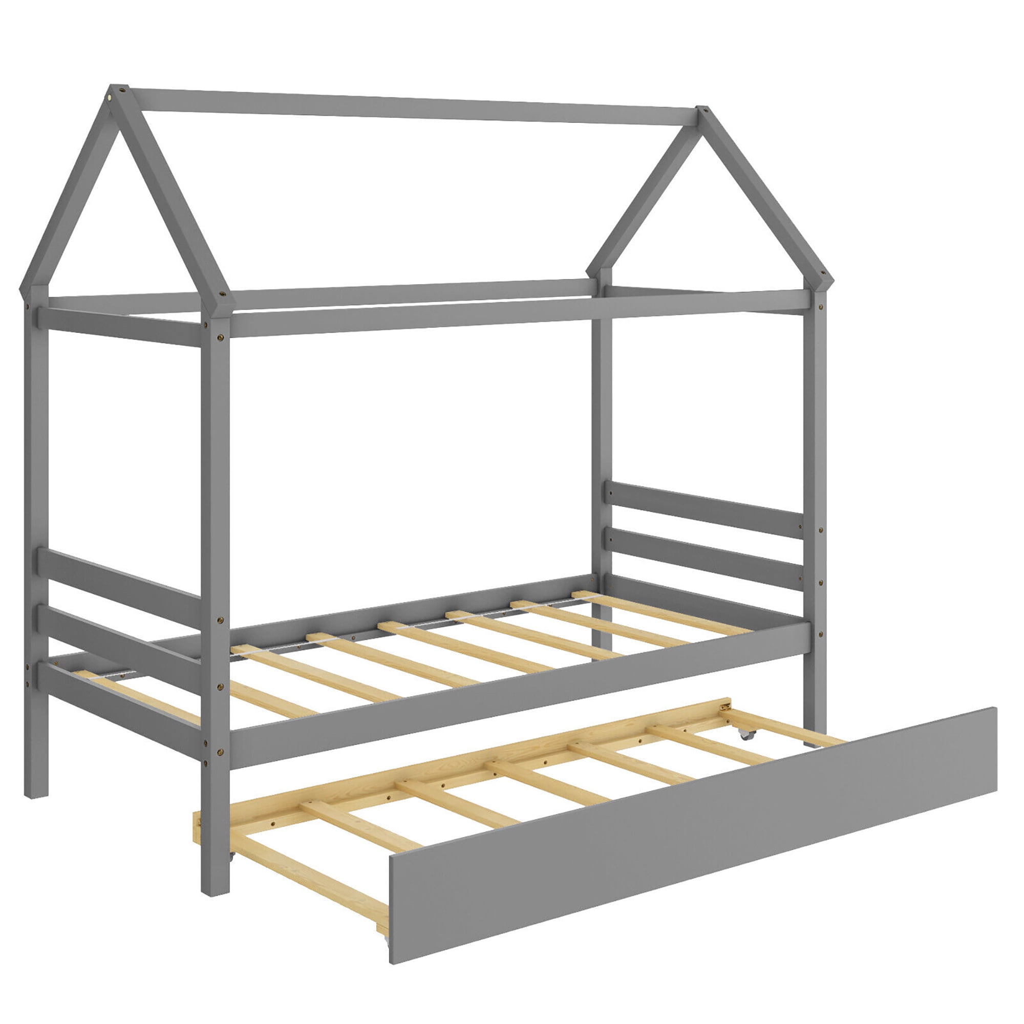 Gymax Twin House Bed Frame w/ Trundle Roof Wooden Platform Mattress Foundation Grey