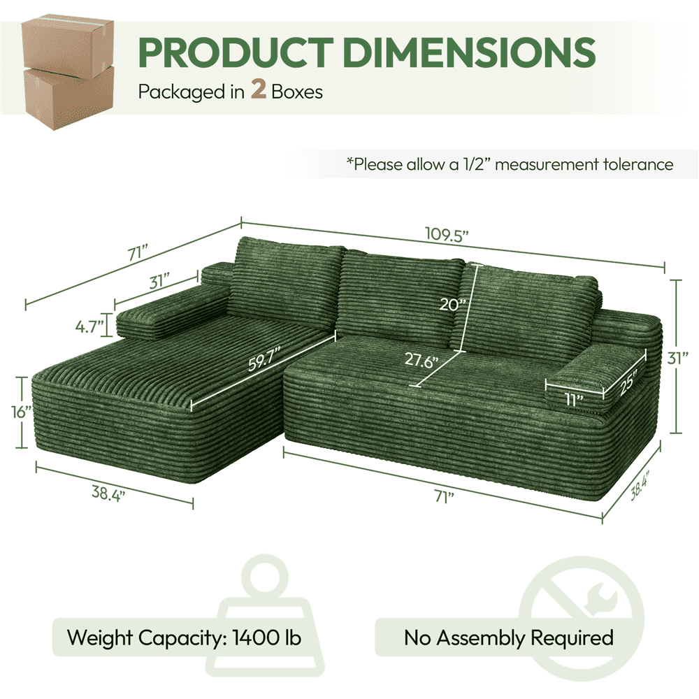 Renwick 110" L-Shaped Cloud Couch, Boneless Corduroy Sectional Sofa with 3 Detachable Pillows for Livingroom, Green
