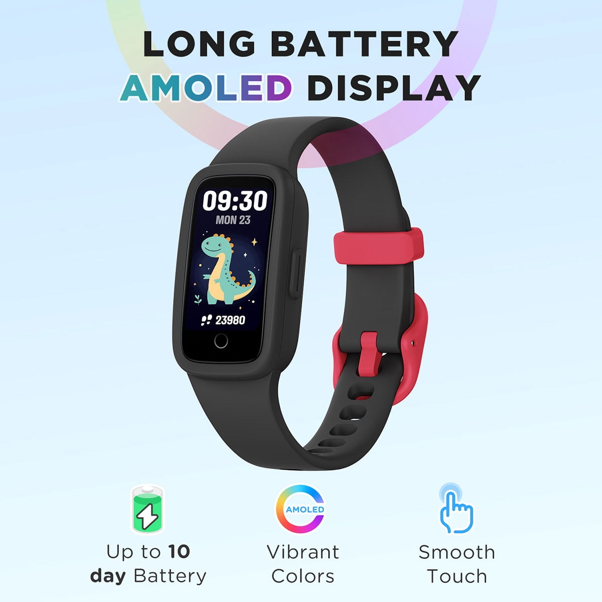 BIGGERFIVE Vigor 3 Kids Fitness Tracker Watch, AMOLED Screen, No App No Phone Needed, 3ATM Waterproof, Heart Rate and Sleep Monitor, Pedometer Watch, Sports Step Counter for Girls Ages 5-15, Black